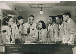 1950年，著名微生物药物学家，后任上海医药工业研究院抗生素室主任、副院长、名誉院长的童村，与科研人员开展课题研究